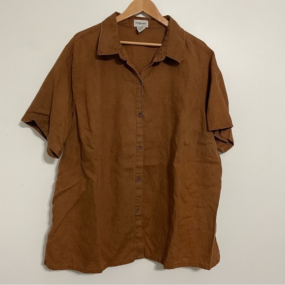 VINTAGE | Camel Brown Oversized Slouchy Linen Button Down Short Sleeve Top - Picture 3 of 6